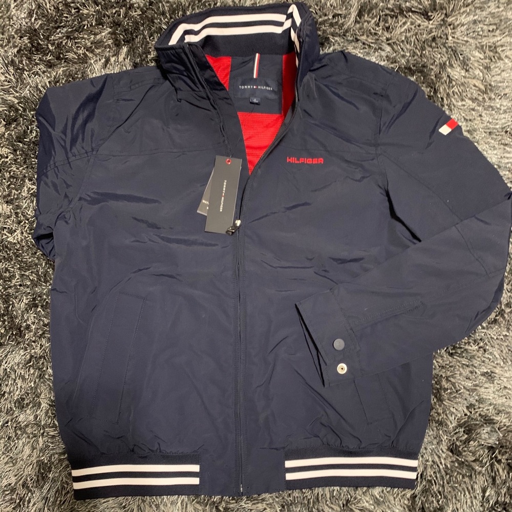 Navy blue Tommy Hilfiger bomber jacket w/zip hood